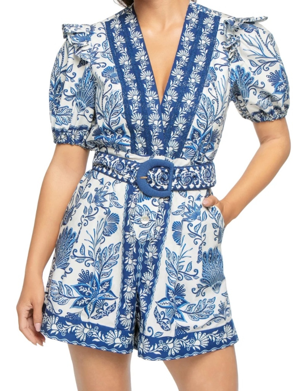 NWT FARM Rio Shell Garden/Off-White Belted V-Neck Romper